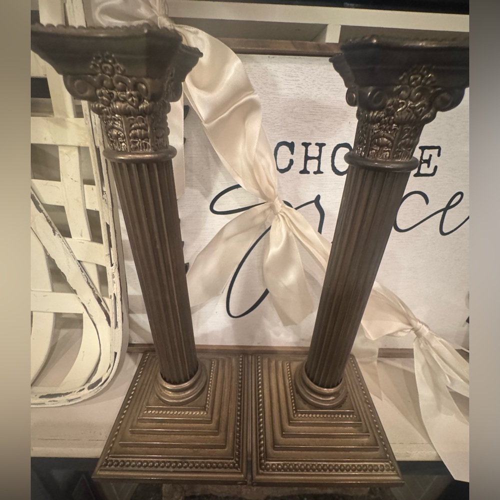 Vintage 1992 Godinger Corinthian Silver Plated Candlestick Pair Edwardian Pillar